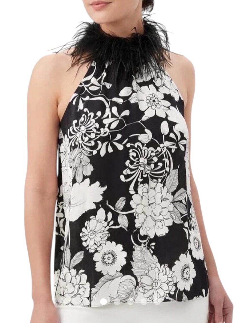 Trina Turk Grand Feather Trim Halter Top Floral Black White NWT Large